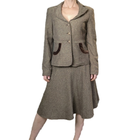 Skirt & blazer set blend herringbone pattern brown colors Size 2 SPIEGEL - Picture 2 of 16
